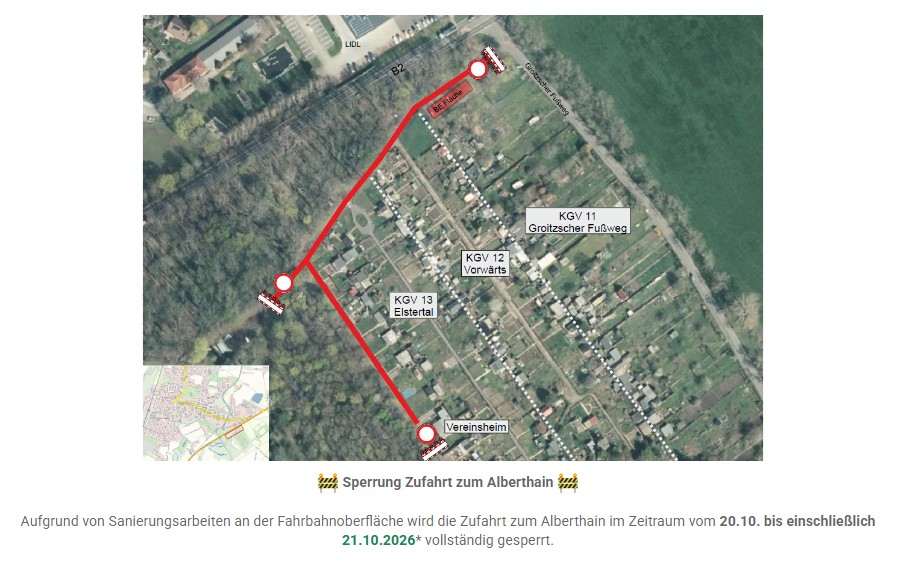 Sperrung Zufahrt zum Alberthain 20-21.10.2026